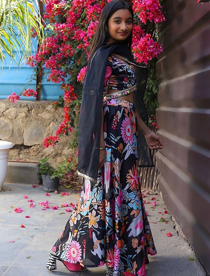 Black silk blend ready to wear lehenega choli with dupatta for girls