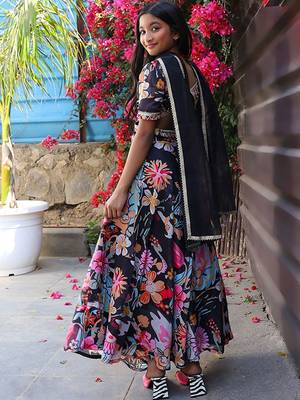 Black silk blend ready to wear lehenega choli with dupatta for girls 3