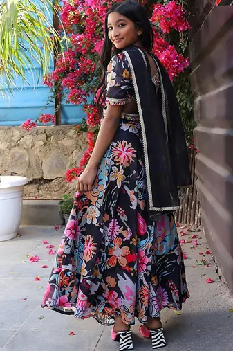 Black silk blend ready to wear lehenega choli with dupatta for girls