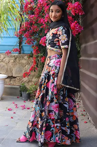 Black silk blend ready to wear lehenega choli with dupatta for girls