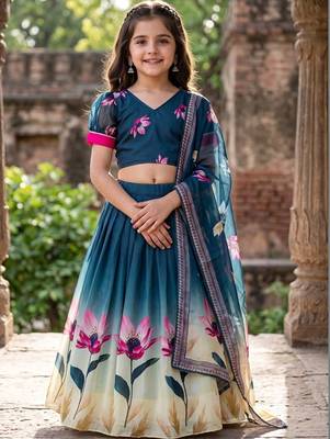Teal printed ready to wear lehenega choli with dupatta for girls 1