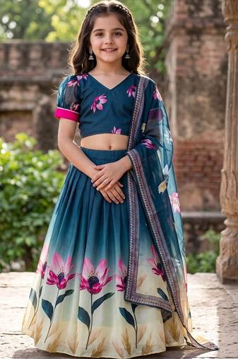 Teal printed ready to wear lehenega choli with dupatta for girls