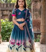 Teal printed ready to wear lehenega choli with dupatta for girls