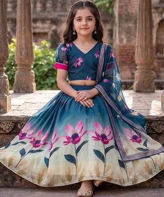 Teal printed ready to wear lehenega choli with dupatta for girls 2
