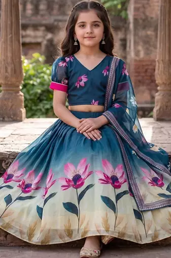 Teal printed ready to wear lehenega choli with dupatta for girls