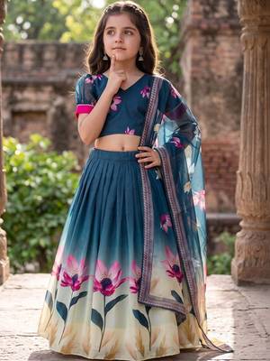 Teal printed ready to wear lehenega choli with dupatta for girls 3