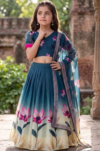 Teal printed ready to wear lehenega choli with dupatta for girls