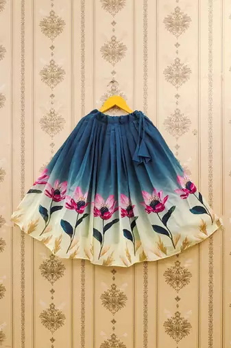 Teal printed ready to wear lehenega choli with dupatta for girls