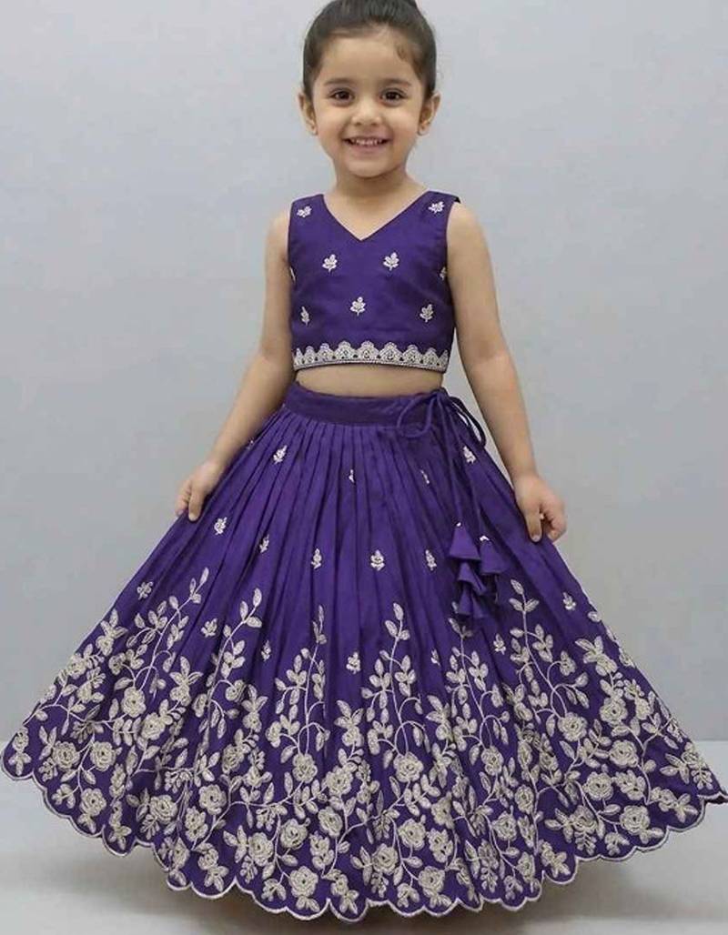 Violet embroidered thread work ready to wear lehenega choli for girls