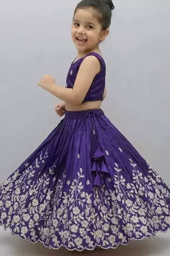 Violet embroidered thread work ready to wear lehenega choli for girls