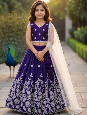 Violet embroidered thread work ready to wear lehenega choli with dupatta for girls 1