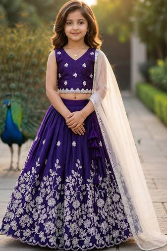Violet embroidered thread work ready to wear lehenega choli with dupatta for girls