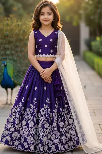 Violet embroidered thread work ready to wear lehenega choli with dupatta for girls