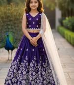 Violet embroidered thread work ready to wear lehenega choli with dupatta for girls