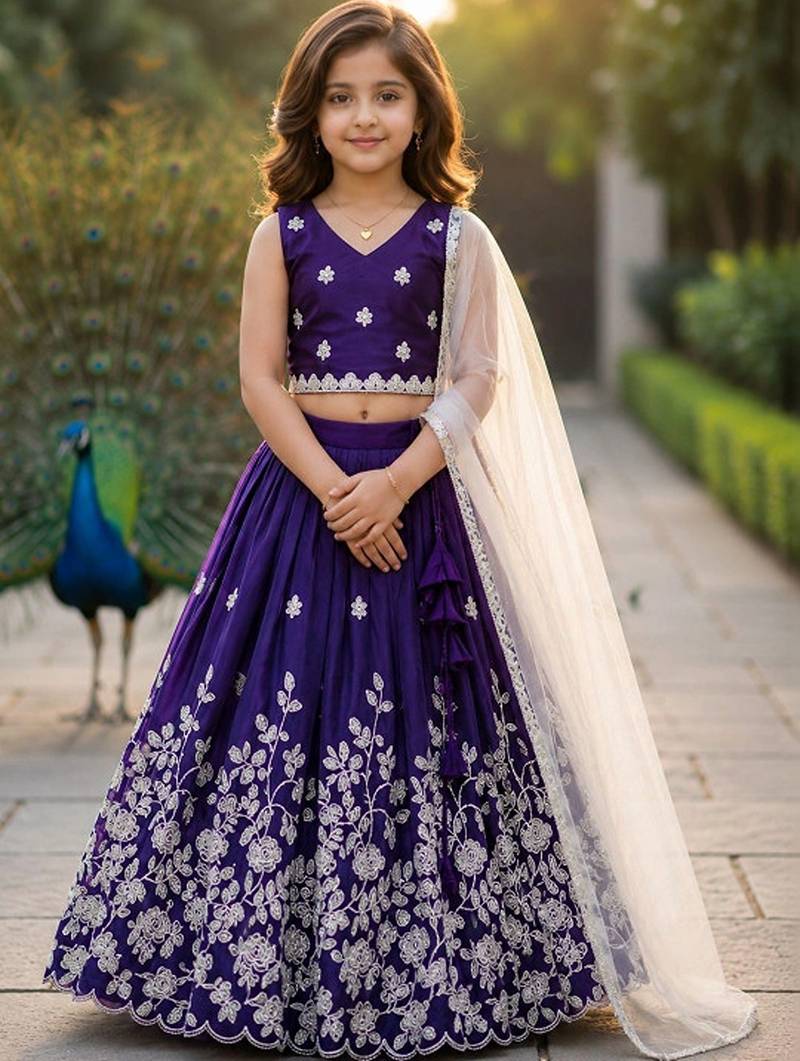 Violet embroidered thread work ready to wear lehenega choli with dupatta for girls