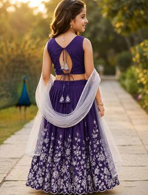 Violet embroidered thread work ready to wear lehenega choli with dupatta for girls 2