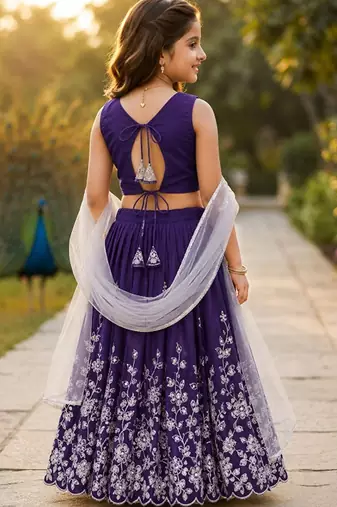 Violet embroidered thread work ready to wear lehenega choli with dupatta for girls