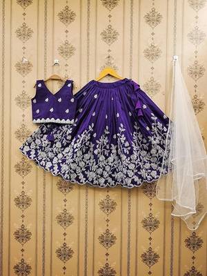 Violet embroidered thread work ready to wear lehenega choli with dupatta for girls 3