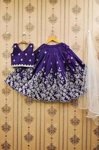Violet embroidered thread work ready to wear lehenega choli with dupatta for girls
