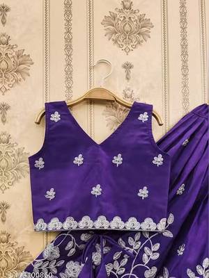 Violet embroidered thread work ready to wear lehenega choli with dupatta for girls 4
