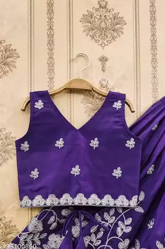 Violet embroidered thread work ready to wear lehenega choli with dupatta for girls
