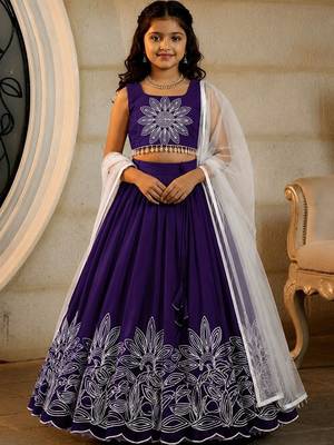 Violet embroidered thread work ready to wear lehenega choli with dupatta for girls 1