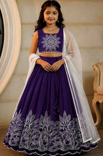 Violet embroidered thread work ready to wear lehenega choli with dupatta for girls