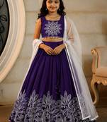 Violet embroidered thread work ready to wear lehenega choli with dupatta for girls