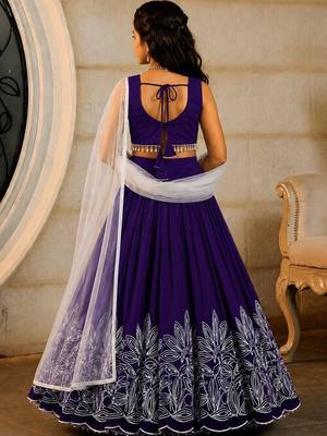 Violet embroidered thread work ready to wear lehenega choli with dupatta for girls 2