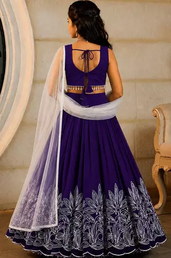 Violet embroidered thread work ready to wear lehenega choli with dupatta for girls