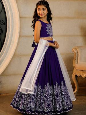 Violet embroidered thread work ready to wear lehenega choli with dupatta for girls 3