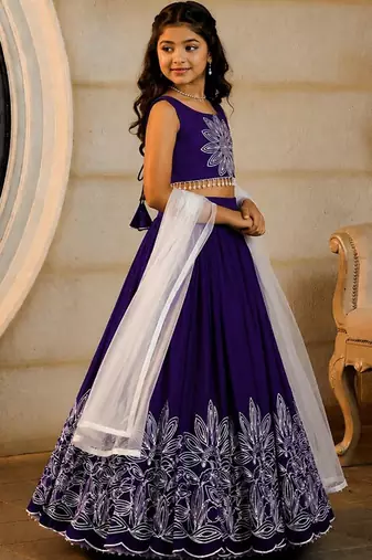 Violet embroidered thread work ready to wear lehenega choli with dupatta for girls