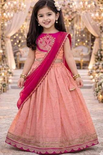 Peach embroidered sequinned ready to wear lehenega choli with dupatta for girls