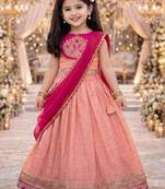 Peach embroidered sequinned ready to wear lehenega choli with dupatta for girls