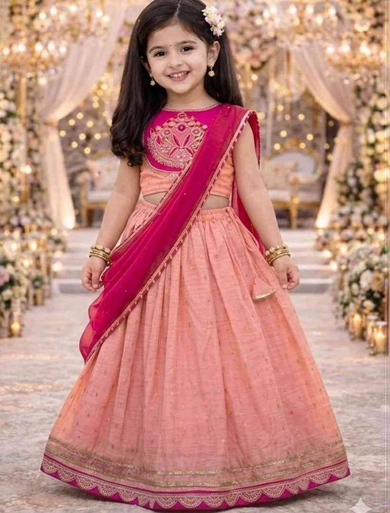 Peach embroidered sequinned ready to wear lehenega choli with dupatta for girls