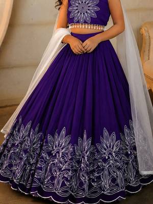 Violet embroidered thread work ready to wear lehenega choli with dupatta for girls 4