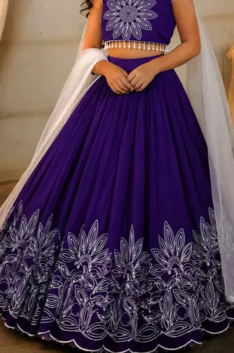 Violet embroidered thread work ready to wear lehenega choli with dupatta for girls