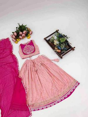 Peach embroidered sequinned ready to wear lehenega choli with dupatta for girls 2