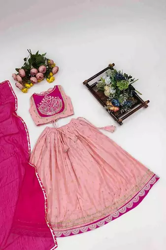 Peach embroidered sequinned ready to wear lehenega choli with dupatta for girls
