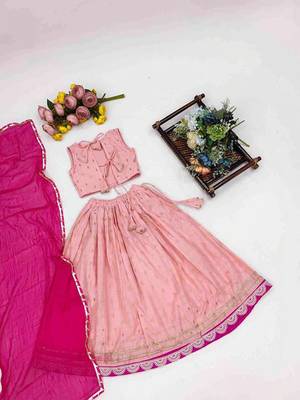 Peach embroidered sequinned ready to wear lehenega choli with dupatta for girls 3