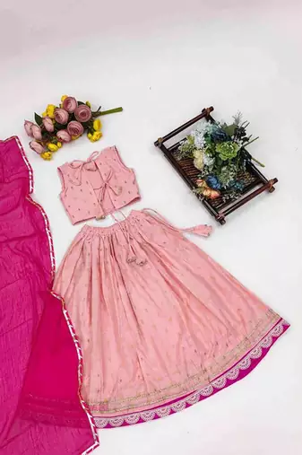Peach embroidered sequinned ready to wear lehenega choli with dupatta for girls