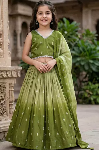 Olive printed ready to wear lehenega choli with dupatta for girls