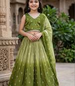 Olive printed ready to wear lehenega choli with dupatta for girls