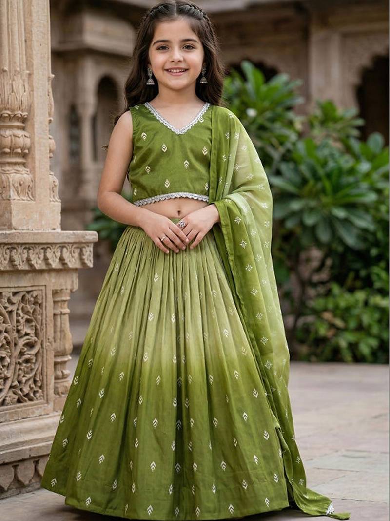 Olive printed ready to wear lehenega choli with dupatta for girls
