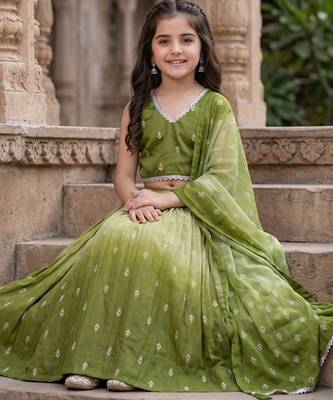 Olive printed ready to wear lehenega choli with dupatta for girls 2