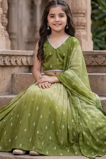 Olive printed ready to wear lehenega choli with dupatta for girls