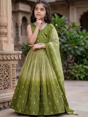Olive printed ready to wear lehenega choli with dupatta for girls 3