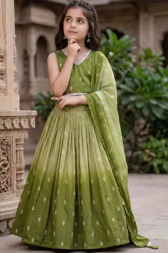 Olive printed ready to wear lehenega choli with dupatta for girls