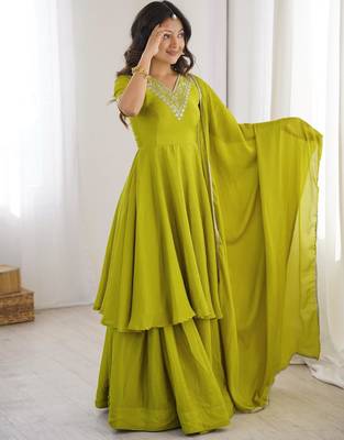 Women's Beautiful Embroidery Work Chinon Silk Fabric Flared Kurta Palazzo and Dupatta Set 1