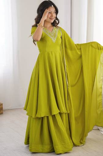 Women's Beautiful Embroidery Work Chinon Silk Fabric Flared Kurta Palazzo and Dupatta Set